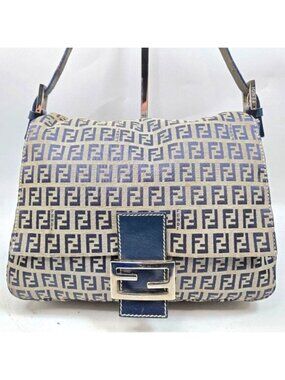 Fendi Mamma Zucca Bucket Baguette Navy Tan Flap Bag Purse Tote FF